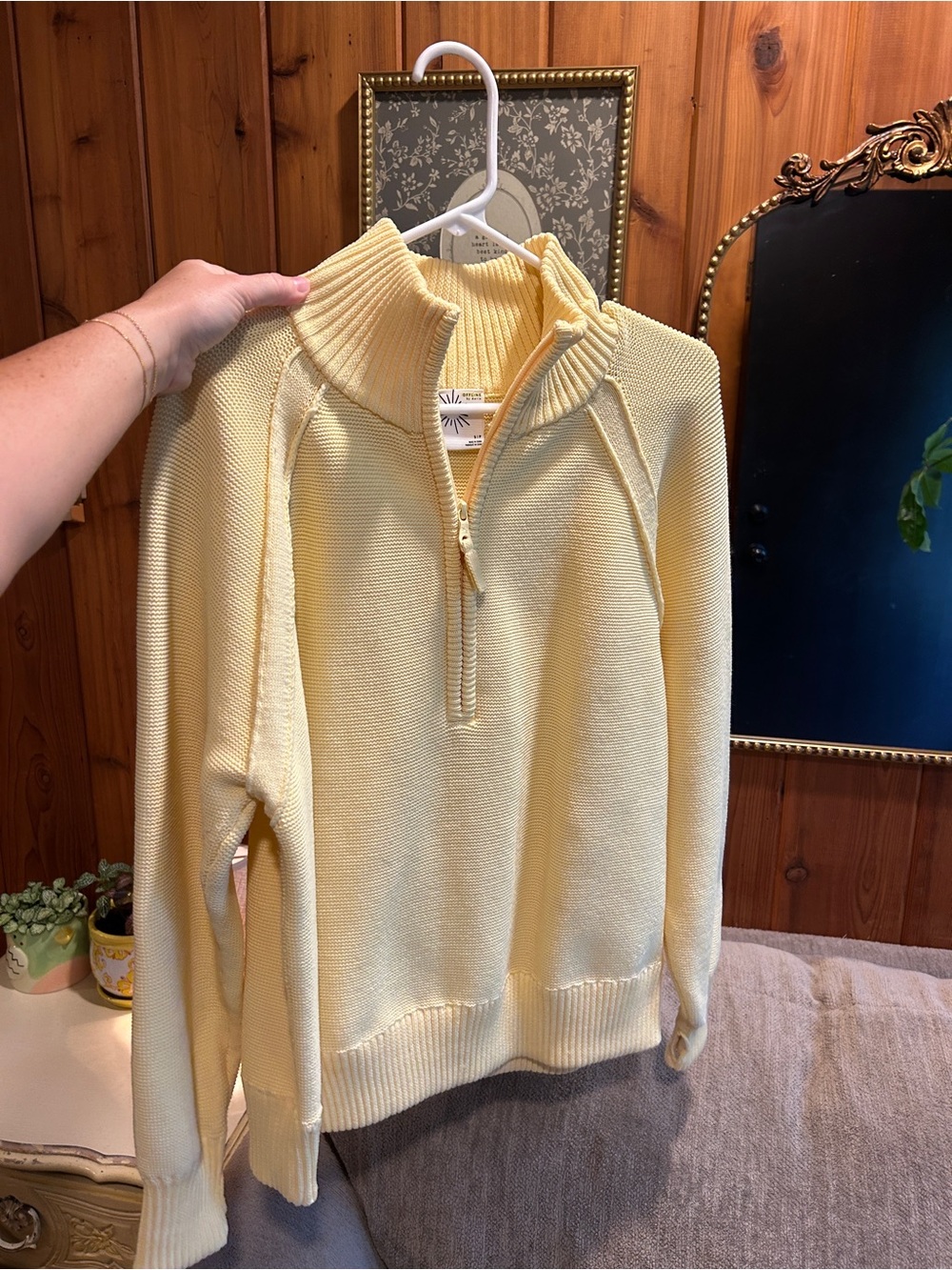 Women's Light Yellow Half-Zip Ribbed Collar Pullover